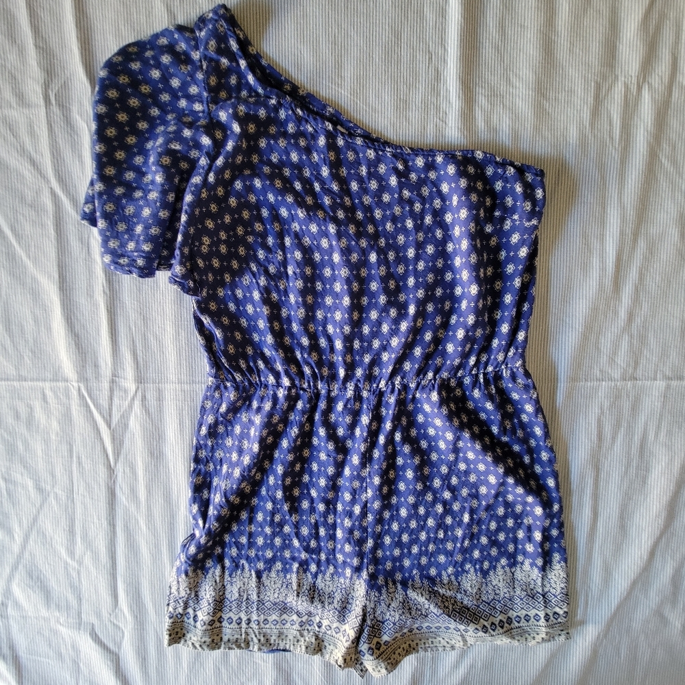 Blue with White One Shoulder Romper